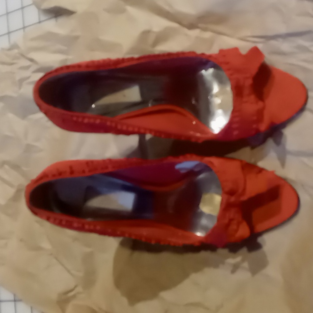 J-Lo red grosgrain peep toe stilettos